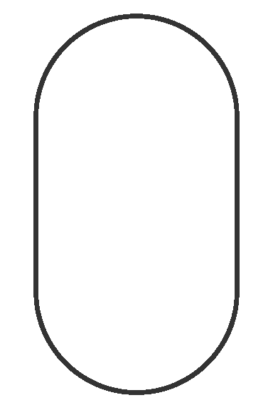 A simple black outline of a vertically elongated oval with rounded ends, resembling a capsule or pill shape—reminiscent of those you might see in a veterinarian’s office—is centered on a white background.