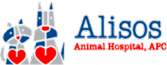 Logo of Alisos Animal Hospital, APC. The image features two stylized animals, a dog and a cat, in shades of blue and gray, each holding a red heart. The text "Alisos Animal Hospital, APC" appears to the right of the animals in blue and red, emphasizing the caring role of your local veterinarian.
