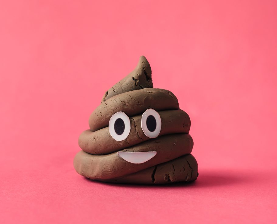 A clay model of a poop emoji is depicted against a pink background. The model features the familiar swirl shape and a smiley face with large, white googly eyes and a small smiling mouth, reminiscent of those found in a veterinarian's office to bring lighthearted humor.